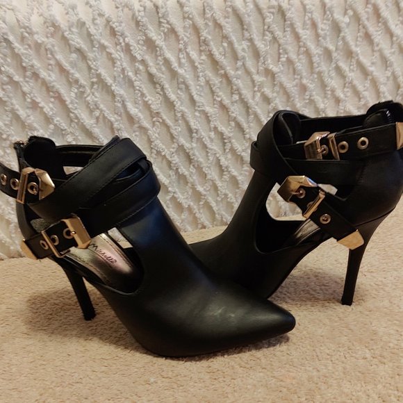 Anne Michelle Shoes - Gold Studded Double Ankle Strap Bootie Heels, Back Zip